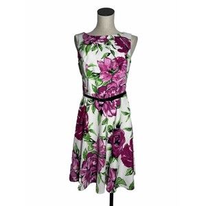 AGB Fuchsia Pink White Floral Sleeveless Dress Pleated Front Belted 10